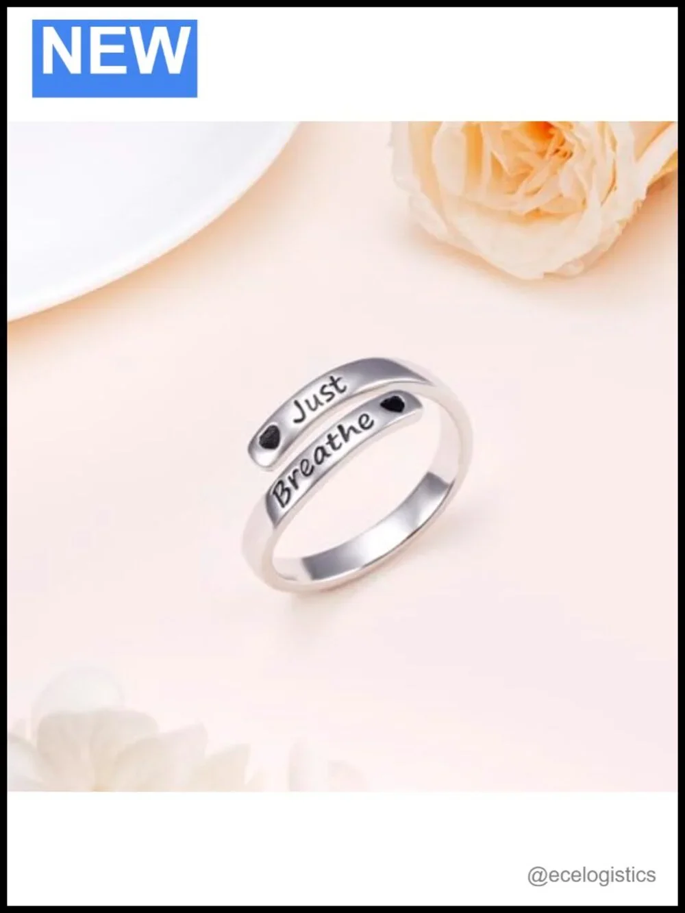 925 Sterling Silver Adjustable Just Breathe Motivational Ring